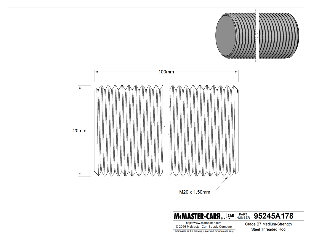 Technical Drawing of Grade B7 Medium-Strength Steel Threaded Rod, Fine-Thread, M20 x 1.5 mm Thread, 100 mm Long.